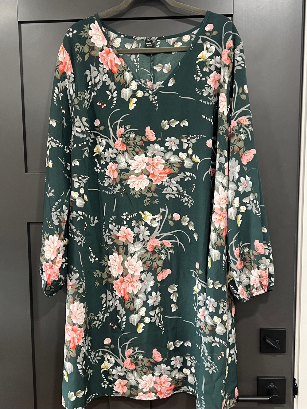 Floral Long-Sleeve Shift Dress in Dark Green with Pink Accents